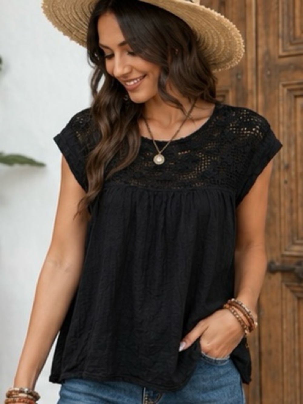 Handmade Tulum Mexican Cotton Gauze Crochet Yoke Boho Top Black Large